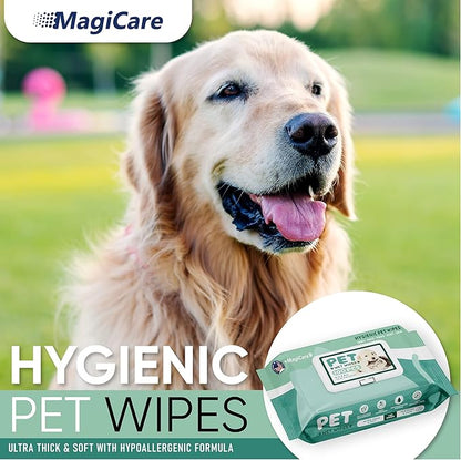 MAGICARE Grooming Wipes for Dogs & Cats - 100 Dog Wipes for Cleaning Paws, Ears and Butt - Unscented Deodorizing Pet Wipes for Dogs with Sensitive Skin - Proudly Made in USA