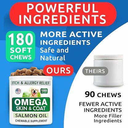 Omega 3 Dog Treats - 180 Fish Oil Chews for Shedding, Allergies, Itch Relief, Hot Spots - Joint Support - Skin & Coat - EPA & DHA - Natural Salmon Oil