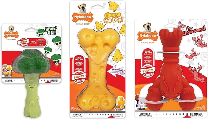 Nylabone Power Chew Dog Chew Toy Pack Bundle - Fun & Cute Dog Toys for Aggressive Chewers, Tough Dog Toys, Lobster, Cheese, and Broccoli Shapes, Large/Giant (3 Count)