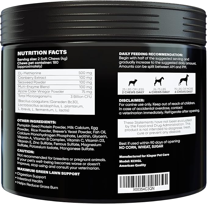 Green Lawn Chews for Dogs - Cranberry, ACV, Digestive Enzymes - Natural Dog Urine Neutralizer for Lawn - Supports Healthy Bladder, Urinary Tract (Duck - 180 Chews (Pack of 1))