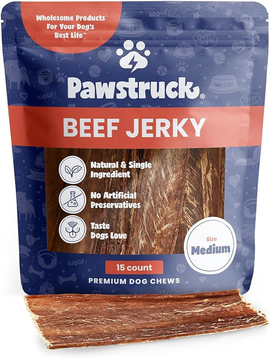 Pawstruck Premium Beef Jerky Dog Treat Chews, Medium 4"-6" Strips - Hip Joint Health Naturally Rich in Glucosamine & Chondroitin No Added Preservatives - 15 Count (Pack of 1) - Packaging May Vary