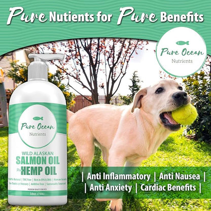 Wild Alaskan Salmon Fish & Hemp Seed Oil for Dogs 16 oz; Natural Liquid Supplement with Omega 3's Support Joint, Heart, and Immune Health; Essential Fatty Acids Promote a Shiny Coat and Healthy Skin
