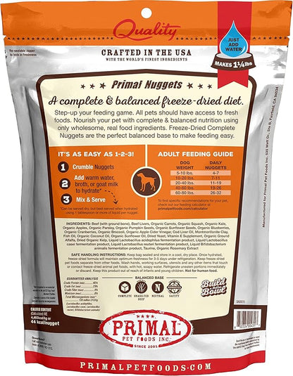 Primal Freeze Dried Dog Food Nuggets, Beef; Complete & Balanced Meal; Also Use as Topper or Treat; Premium, Healthy, Grain Free, High Protein Raw Dog Food, 5.5 oz