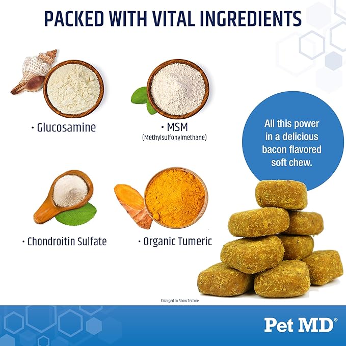 Pet MD Glucosamine for Dogs | Dog Joint Supplement with Glucosamine, Chondroitin & MSM - Inflammatory Pain Relief Chews for Hip & Joints - Bacon Flavored - includes Yucca & Turmeric - 120 Ct