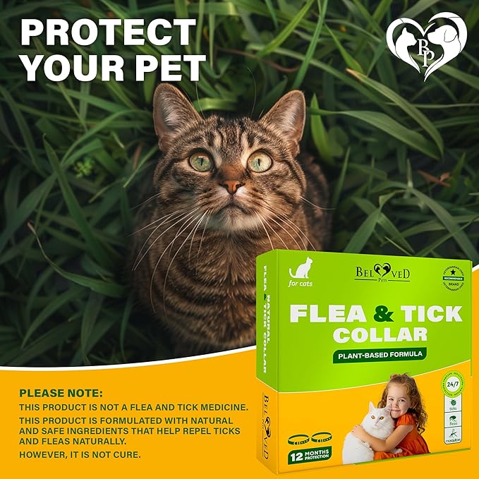 Natural Flea & Tick Collar for Cats - 12 Months Control of Best Prevention & Safe Treatment - Anti Fleas and Ticks Essential Oil Repellent (2 pack)