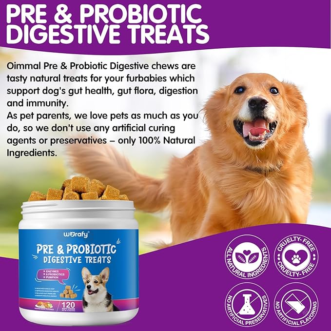 Pre and Probiotics for Dogs - Probiotic Dog Chews Support Digestive Health, Gut Health, Itchy Skin, Yeast Balance, Allergies, Immune Health - Duck Flavor - 120 Soft Chews - All Ages All Breeds