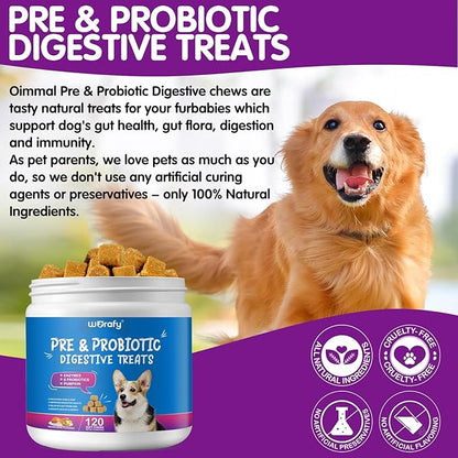 Pre and Probiotics for Dogs - Probiotic Dog Chews Support Digestive Health, Gut Health, Itchy Skin, Yeast Balance, Allergies, Immune Health - Duck Flavor - 120 Soft Chews - All Ages All Breeds