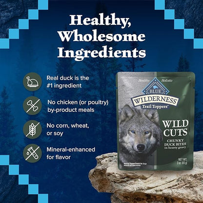 Blue Buffalo Wilderness Trail Toppers Wild Cuts High Protein, Natural Wet Dog Food, Chunky Duck Bites in Hearty Gravy 3-oz pouches (Pack of 24)