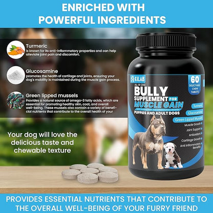 Dog Weight Gainer – 60-Count Muscle Builder Dog Supplement – Muscle Growth Supplement for Dogs, Puppies and Adults – Bully Growth Formula with Turmeric, Glucosamine, Green Lipped Mussels