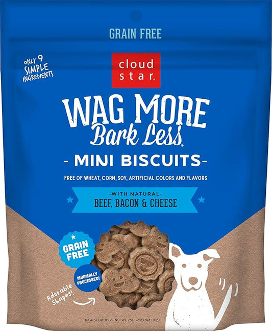 Cloud Star Wag More Bark Less Grain Free Mini Biscuits, Bite Sized Crunchy Dog Treats, 7oz Bag, Model Number: 72906