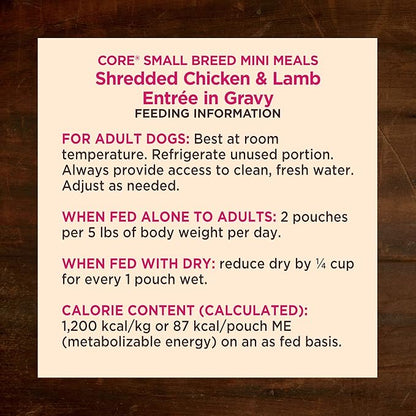 Wellness CORE Natural Grain Free Small Breed Mini Meals Wet Dog Food, Shredded Chicken & Lamb Entrée in Gravy, 3-Ounce Pouch (Pack of 12)