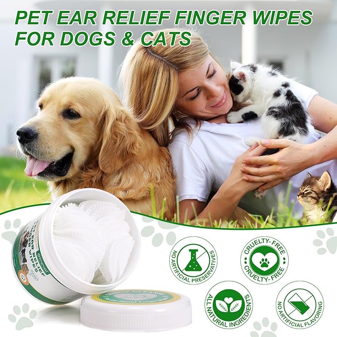 Dog Ear Cleaning Wipes, Ear Finger Wipes for Dogs & Cats Supports Soothing Dog Yeast Infection, Itchy & Inflamed Ears, Remove Ear Wax Debris & Ear Odor, Pet Ear Care Supplies Diposable Wipes - 50pcs