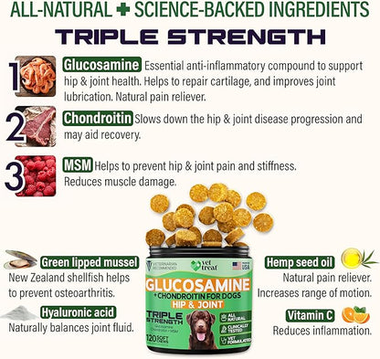 Hemp Hip and Joint Supplement for Dogs - Glucosamine for Dogs -Made in USA- 120 Treats Pain Relief Anti Inflammatory - Chondroitin, MSM, Hemp Oil - Dog Joint Supplement w/Arthritis Relief + Mobility