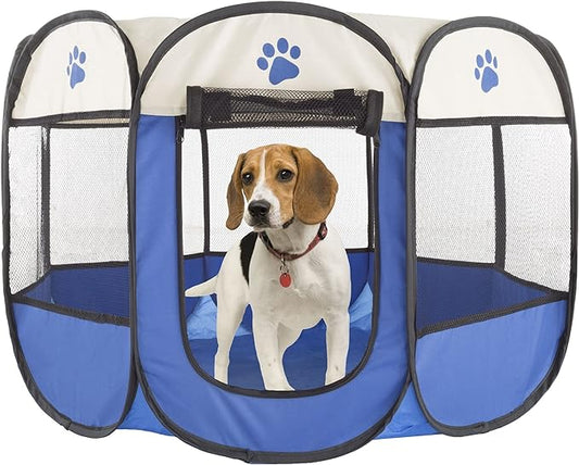 Pop-Up Pet Playpen - Indoor and Outdoor Dog Pen with Carrying Case - Portable Pet Enclosure for Dogs, Cats, and Other Small Animals by PETMAKER (Blue)