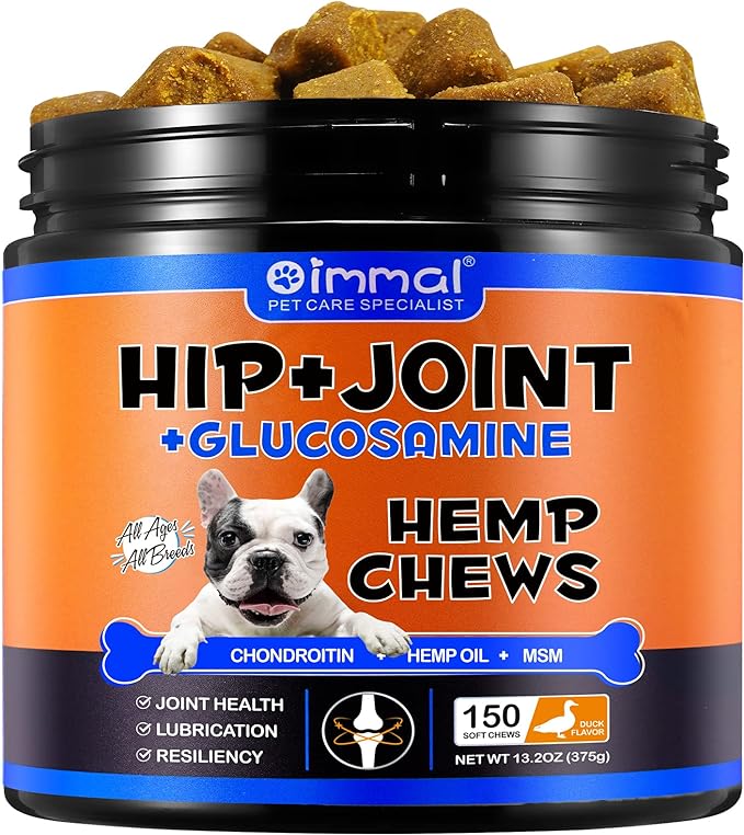 Hemp Hip and Joint Supplement for Dogs, 150 Dog Joint Pain Relief Treats, Glucosamine for Dogs, Hip & Joint Supplement w/MSM + Chondroitin + Omega 3, Mobility & Flexibility Support