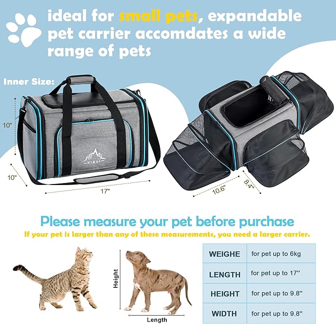 Pet Carrier Airline Approved Pet Carrier,4 Sides Expandable Cat Carrier Bag Large Soft Sided Pet Travel Carrier Dog Carrier Backpack with Remove Fleece Pad (Large, Blue)