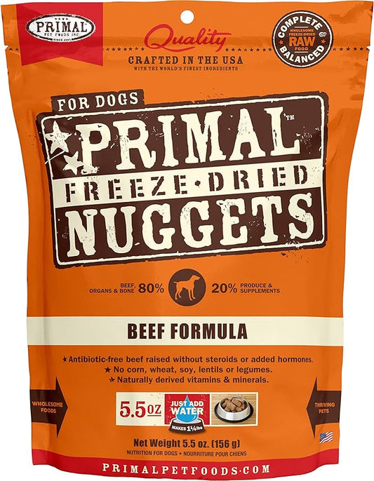 Primal Freeze Dried Dog Food Nuggets, Beef; Complete & Balanced Meal; Also Use as Topper or Treat; Premium, Healthy, Grain Free, High Protein Raw Dog Food, 5.5 oz