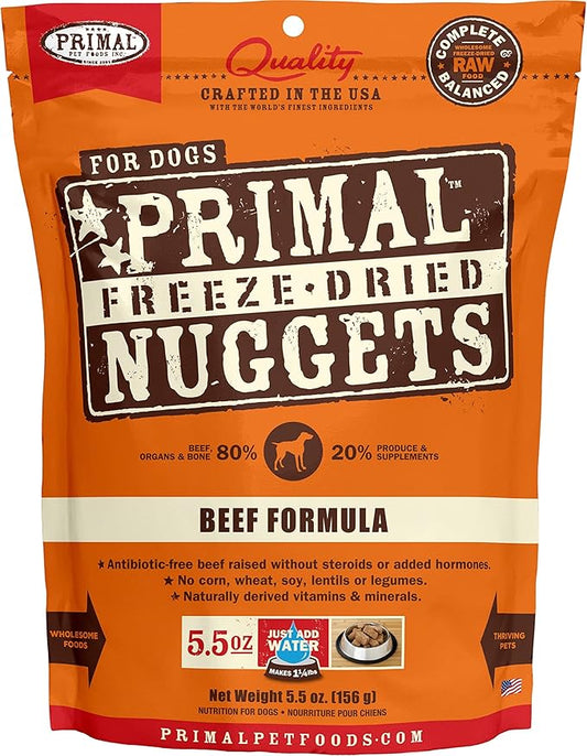 Primal Freeze Dried Dog Food Nuggets, Beef; Complete & Balanced Meal; Also Use as Topper or Treat; Premium, Healthy, Grain Free, High Protein Raw Dog Food, 5.5 oz