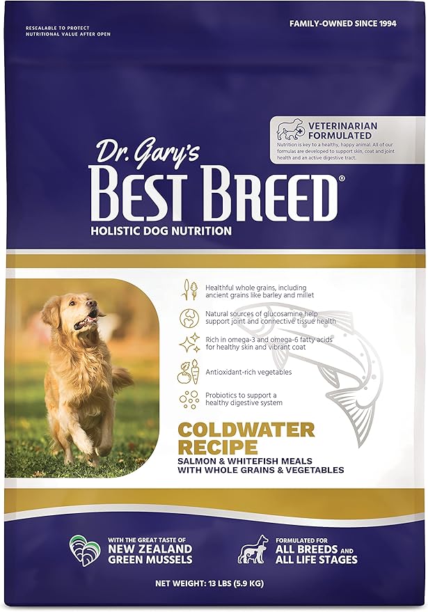 Best Breed Dr. Gary's Coldwater Recipe Slow-Cooked in USA, Natural Dry Dog Food for All Breeds and Sizes, 13lbs.