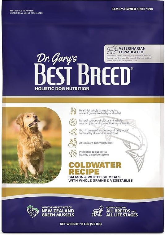 Best Breed Dr. Gary's Coldwater Recipe Slow-Cooked in USA, Natural Dry Dog Food for All Breeds and Sizes, 13lbs.