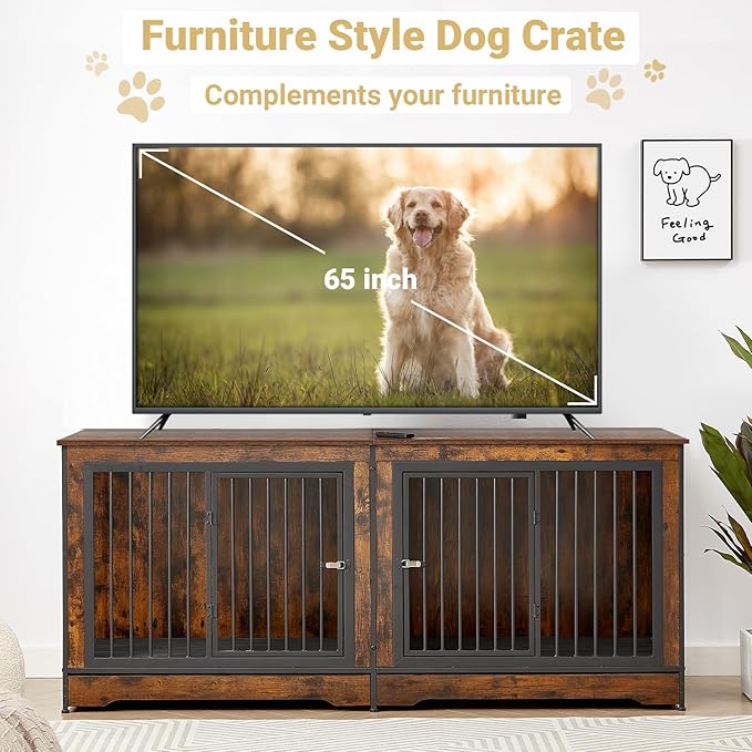 75'' Double Dog Crate Furniture for 2 Large Dogs, Heavy Duty Dog Crate, Furniture Style Dog Crate End Table, Wood Crates for Dogs Kennel Indoor, Decorative Dog Crate with Double Door, Brown
