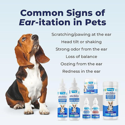 Vetnique Labs Oticbliss Ear Cleaner Wipes/Flushes for Dogs & Cats with Odor Control and Itch Relief Reduces Head Shaking - Clear The Ear