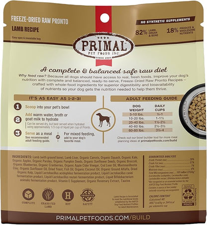 Primal Freeze Dried Dog Food Pronto, Lamb; Scoop & Serve, Complete & Balanced Meal; Also Use as Topper or Treat; Premium, Healthy, Grain Free, High Protein Raw Dog Food (25 oz, 2-pack)