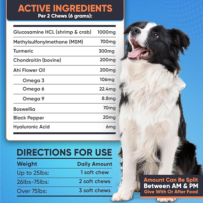 Senior Dog Joint Supplement -1000mg Glucosamine for Dogs -Advanced Hip & Joint Support Chews w/Glucosamine, Chondroitin, MSM, Turmeric & Omega 3 for Pain & Inflammation Relief, Improved Mobility