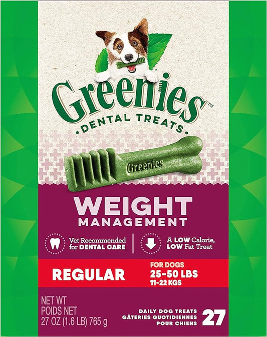 Greenies Weight Management Regular Natural Dog Dental Care Chews Weight Control Dog Treats, 27 oz. Pack (27 Treats)