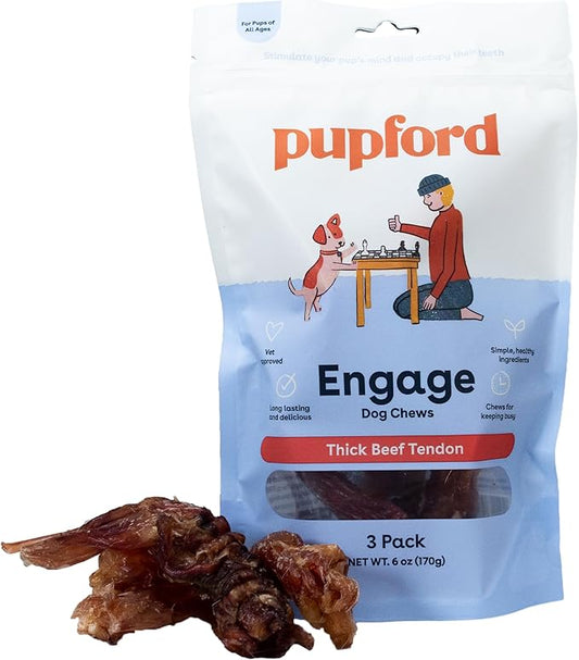 Pupford Beef Tendon Chews for Dogs | Cleans Teeth, Teaches Proper Chewing & Contains Glucosamine to Help Joints | Extra Thick, Long-Lasting, Natural Ingredients, Low Calorie (Thick, 3 Count)