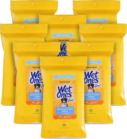 Wet Ones for Pets Delicate Clean Puppy Cleaning Wipes With Oatmeal | Mild & Soothing Puppy Grooming Wipes in Tropical Splash Scent, Wet Ones Wipes with Wet Lock Seal | 30 Ct Pouch Dog Wipes