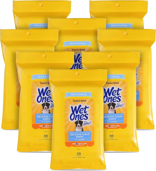 Wet Ones for Pets Delicate Clean Puppy Cleaning Wipes With Oatmeal | Mild & Soothing Puppy Grooming Wipes in Tropical Splash Scent, Wet Ones Wipes with Wet Lock Seal | 30 Ct Pouch Dog Wipes