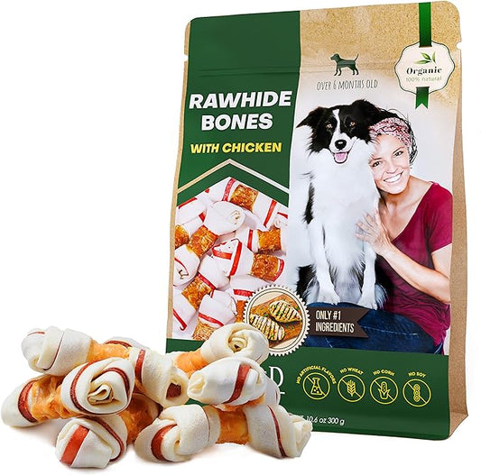 Dog Rawhide Bones Wrapped with Chicken & Pet Natural Chew Treats - Grain Free Meat & Healthy Human Grade Dried Snacks in Bulk - Best Chews for Training Small & Large Dogs - Made for USA