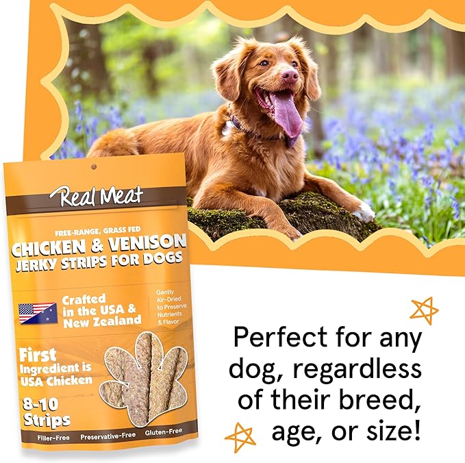 Real Meat Venison & Chicken Jerky Dog Treats - 8 Air-Dried Strips of Jerky Treats for Dogs - Grain-Free Jerky Treats Dog Snacks Made up of 95% Human-Grade, All-Natural, & Free-Range Chicken & Venison