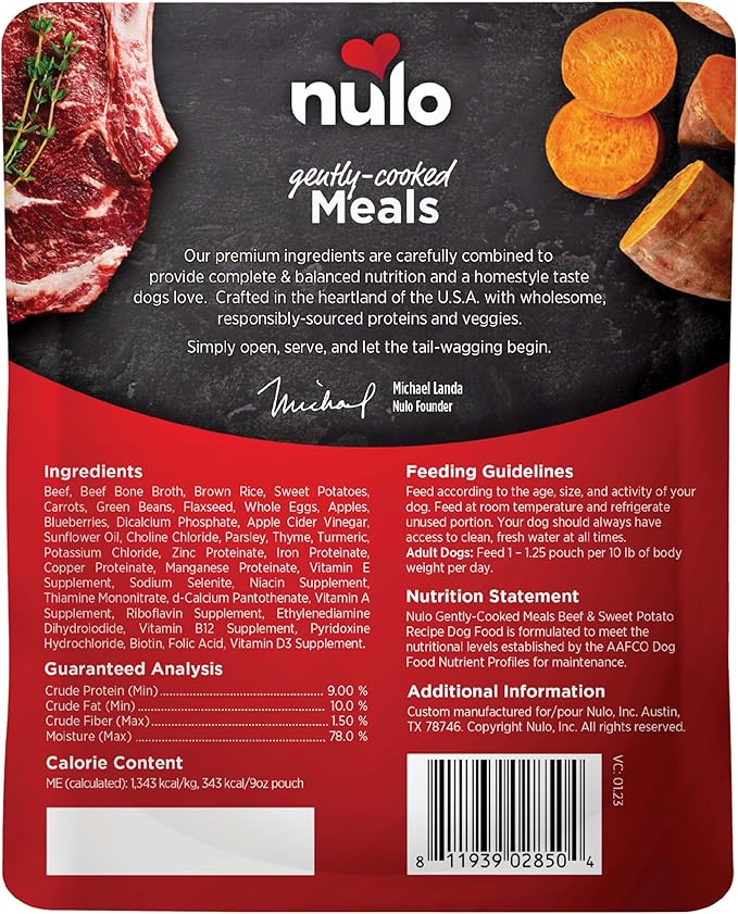 Nulo Gently-Cooked Meals Complete and Balanced Adult Wet Dog Food, Beef & Sweet Potato, 9 Oz (Pack of 8)
