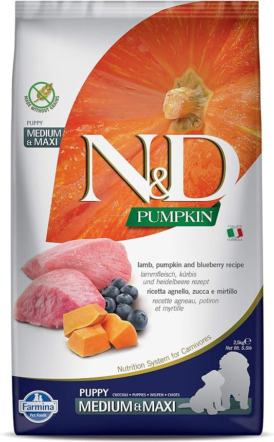 Farmina N&D Dog Dry Puppy Grain-Free Pumpkin Medium/Maxi Lamb & Blueberry 5.5 Pounds