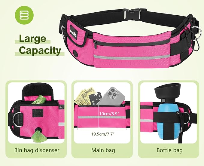 Pecute Hands Free Dog Leash with Pouch, Waist Belt Fanny Pack with Soft Pads, Dual Padded Handles, and Durable Bungee for Walking, Hiking, Jogging Biking, and Running (Up to 220lbs) Pink
