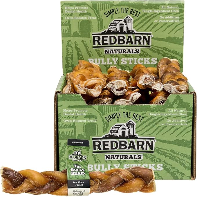 Redbarn 7" Braided Bully Sticks for Dogs. Natural, Grain-Free, Highly Palatable, Long-Lasting Dental Chews Sourced from Free-Range, Grass-Fed Cattle (20 Sticks)