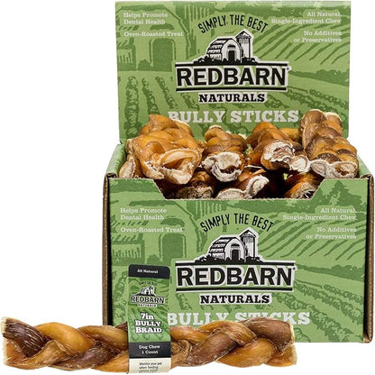 Redbarn 7" Braided Bully Sticks for Dogs. Natural, Grain-Free, Highly Palatable, Long-Lasting Dental Chews Sourced from Free-Range, Grass-Fed Cattle (20 Sticks)
