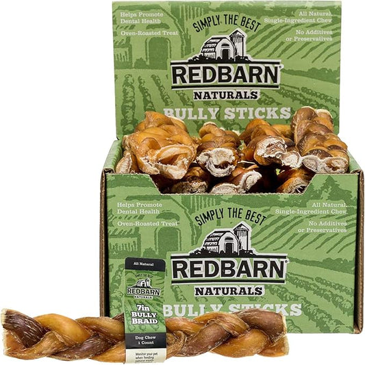 Redbarn 7" Braided Bully Sticks for Dogs. Natural, Grain-Free, Highly Palatable, Long-Lasting Dental Chews Sourced from Free-Range, Grass-Fed Cattle (20 Sticks)