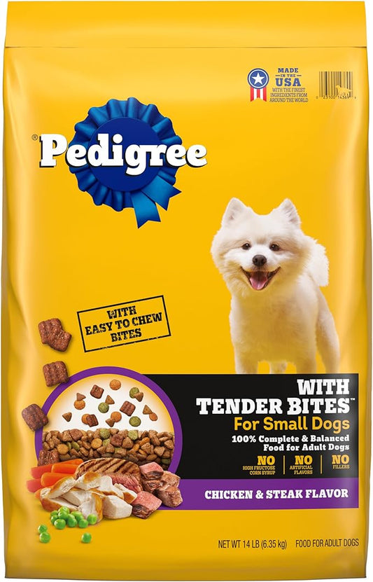 Pedigree with Tender Bites for Small Dogs, Complete Nutrition Adult Dry Dog Food, Chicken & Steak Flavor Dog Kibble, 14 lb. Bag