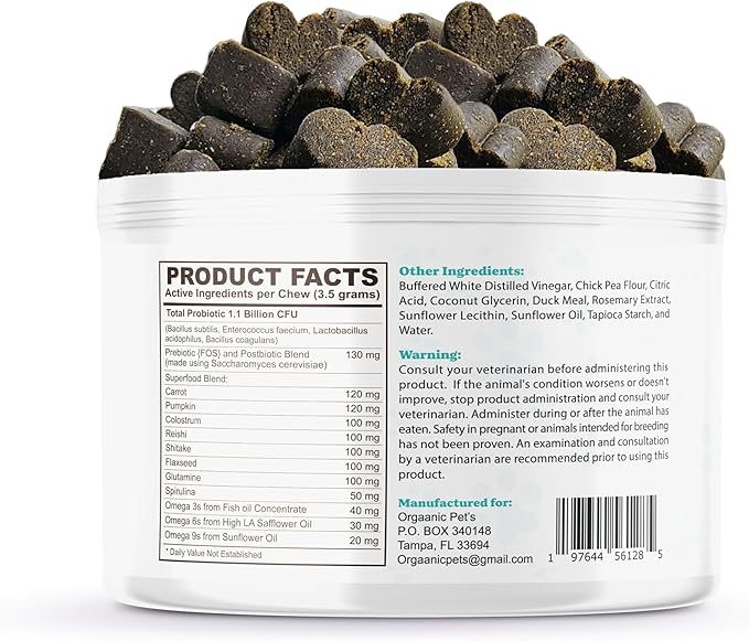 Ultimate Dog PROBIOTIC Chews - Boosts Gut Health and Eases Allergies with PROBIOTICS, POSTBIOTICS, PREBIOTICS (FOS) Inulin - Colostrum - Glutamine - Mushrooms -Pumpkin-QUERCETIN and a SUPERFOOD Blend