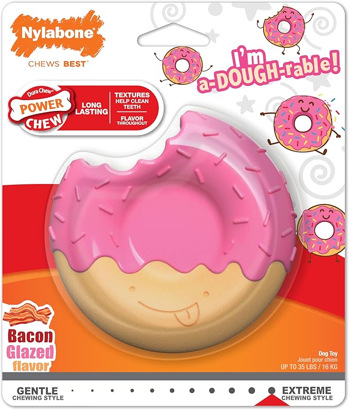 Nylabone Power Chew Donut Dog Chew Toy - Fun & Cute Dog Toys for Aggressive Chewers, Durable Dog Toys, Bacon Glazed Flavor, Medium/Wolf (1 Count)
