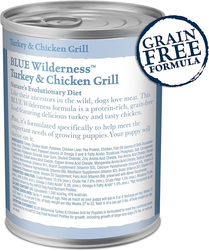 Blue Buffalo Wilderness High Protein, Natural Puppy Wet Dog Food, Turkey & Chicken Grill 12.5-oz cans (Pack of 12)