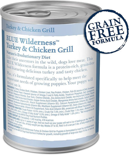 Blue Buffalo Wilderness High Protein, Natural Puppy Wet Dog Food, Turkey & Chicken Grill 12.5-oz cans (Pack of 12)