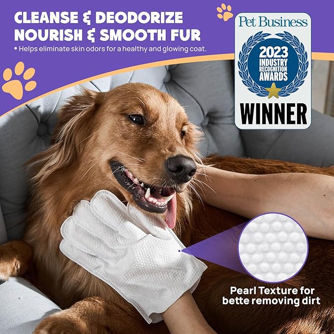 HICC PET Cleaning Deodorizing Bathing Wipes for Dogs & Cats, Hypoallergenic Dog Cleaning Glove Wipes with Coconut Oil Nourishing Grooming Fur, Cat Cleaning Wipes for Daily Care and Traveling