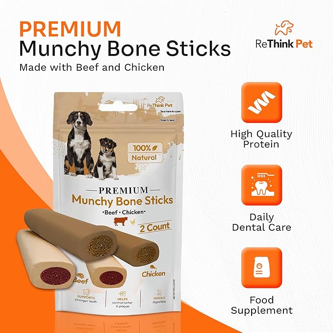 Premium Munchy Bone Sticks for Pets, Long Lasting Dog Chews for Aggressive Chewers, 2pc