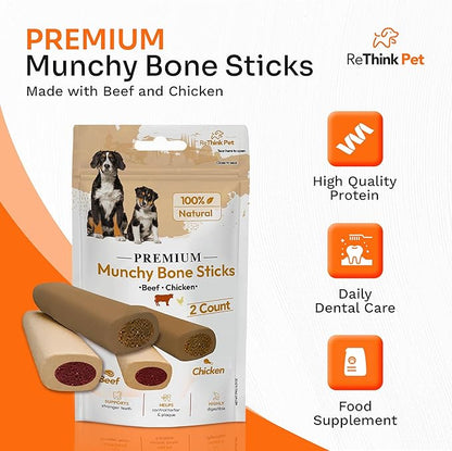 Premium Munchy Bone Sticks for Pets, Long Lasting Dog Chews for Aggressive Chewers, 2pc