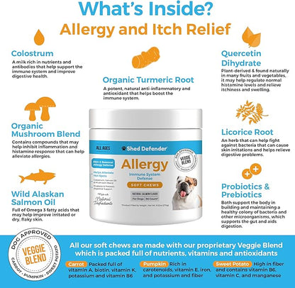 Shed Defender All Natural Allergy Relief & Probiotics Soft Chew Supplements for Dogs - Veterinarian Formulated Anti Itch & Hot Spots Omega 3 Fish Oil, Colostrum - 90 ct.