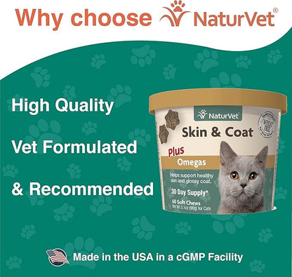 NaturVet – Skin & Coat Plus Omegas for Cats – 60 Soft Chews | Supports Healthy Skin & Glossy Coat | Enhanced with Omega-3, Omega-6 & Biotin | 30 Day Supply